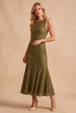 Vestido Midi de Convidado de Noiva Azul Escuro, Sereia Azul Escura com Folhos e Renda