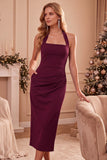 Vestido de Convidado de Casamento Midi Midi Bodycon Bodycon Borgonha com Bolsos