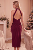 Vestido de Convidado de Casamento Midi Midi Bodycon Bodycon Borgonha com Bolsos