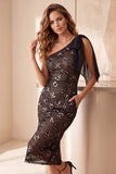 Vestido de cocktail Midi de Lantejoulas de Lantejoulas de Um Ombro com Laço