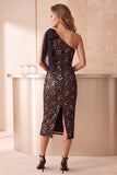 Vestido de cocktail Midi de Lantejoulas de Lantejoulas de Um Ombro com Laço