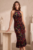 Vestido de veludo midi sereia de gola alta bordô com folhos
