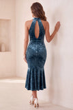 Vestido de cocktail Midi Keyhole com sereia de veludo azul Lake Blue Mermaid Halter