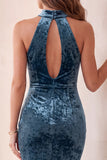 Vestido de cocktail Midi Keyhole com sereia de veludo azul Lake Blue Mermaid Halter