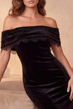 Vestido Maxi Cocktail Maxi Bodycon de Veludo Preto com Missangas