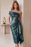 Vestido cocktail Midi Midi franzido bodycon bodycon de um ombro azul ardósia metálico assimétrico com bolsos