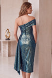 Vestido cocktail Midi Midi franzido bodycon bodycon de um ombro azul ardósia metálico assimétrico com bolsos