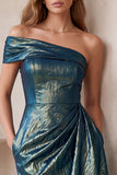 Vestido cocktail Midi Midi franzido bodycon bodycon de um ombro azul ardósia metálico assimétrico com bolsos