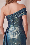 Vestido cocktail Midi Midi franzido bodycon bodycon de um ombro azul ardósia metálico assimétrico com bolsos