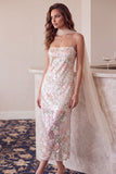 Vestido de cocktail midi floral com lantejoulas em forma de bainha em marfim, gola quadrada de alças finas