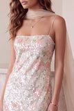 Vestido de cocktail midi floral com lantejoulas em forma de bainha em marfim, gola quadrada de alças finas