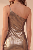 Vestido de cocktail curto curto com um ombro metálico assimétrico e assimétrico dourado