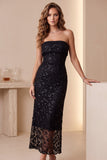 Vestido de cocktail Midi de Lantejoulas Sem Guardas Preta, Sheath