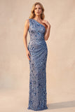 Lantejoulas azul ardósia Vestido formal comprido e franzido de um ombro