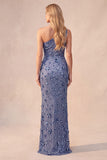 Lantejoulas azul ardósia Vestido formal comprido e franzido de um ombro