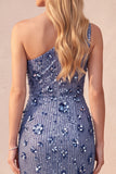 Lantejoulas azul ardósia Vestido formal comprido e franzido de um ombro