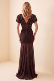 Vestido formal comprido em chiffon em chiffon castanho com decote em V e decote em V castanho