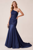 Vestido formal longo em cetim de sereia azul escuro com lantejoulas de um ombro