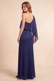 Vestido formal azul escuro de bainha de um ombro comprido com fenda