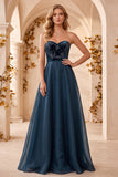 Vestido formal longo de veludo sem alças em veludo A-Line A-Line Marinho