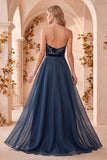 Vestido formal longo de veludo sem alças em veludo A-Line A-Line Marinho