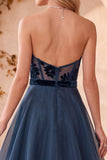Vestido formal longo de veludo sem alças em veludo A-Line A-Line Marinho