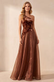 Vestido formal longo de veludo floral de um ombro em linha A de café