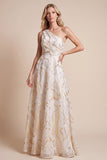 Vestido Formal Maxi Estampado em Linha A de Marfim, Um Ombro