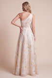 Vestido Formal Maxi Estampado em Linha A de Marfim, Um Ombro