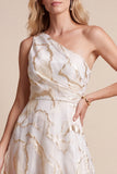 Vestido Formal Maxi Estampado em Linha A de Marfim, Um Ombro
