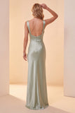 Vestido formal longo com decote de cetim de gola quadrada verde claro com penas