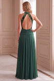 Vestido formal longo de veludo verde com franzas altas