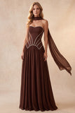 Espartilho de café Sweetheart A-Line Vestido Formal Longo com Strass