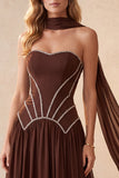 Espartilho de café Sweetheart A-Line Vestido Formal Longo com Strass