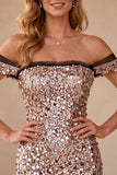Vestido formal comprido em forma de sereia caqui com ombros descobertos e lantejoulas