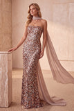 Vestido formal longo sem alças em forma de lantejoulas de lantejoulas caqui com faixa de chiffon drapeada