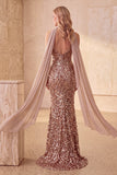 Vestido formal longo sem alças em forma de lantejoulas de lantejoulas caqui com faixa de chiffon drapeada