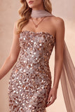 Vestido formal longo sem alças em forma de lantejoulas de lantejoulas caqui com faixa de chiffon drapeada