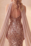 Vestido formal longo sem alças em forma de lantejoulas de lantejoulas caqui com faixa de chiffon drapeada
