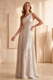 Vestido formal prateado, linha em A, um ombro comprido, com aplicações