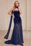 Vestido formal longo em veludo de veludo de sereia azul-marinho