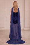 Vestido formal longo em veludo de veludo de sereia azul-marinho