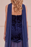 Vestido formal longo em veludo de veludo de sereia azul-marinho