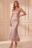 Vestido formal Midi Vintage de Sereia Malva com Lantejoulas de um ombro e penas