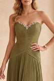 Vestido formal longo plissado sem alças em linha A-Line com strass