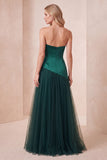 Vestido formal longo de cetim verde-escuro sem alças em linha A com bordas