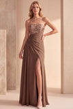 Vestido formal Coffee A-Line Sem alças com lantejoulas franzidas, vestido formal Maxi em chiffon com contas