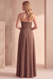Vestido formal Coffee A-Line Sem alças com lantejoulas franzidas, vestido formal Maxi em chiffon com contas