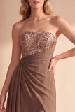 Vestido formal Coffee A-Line Sem alças com lantejoulas franzidas, vestido formal Maxi em chiffon com contas