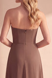 Vestido formal Coffee A-Line Sem alças com lantejoulas franzidas, vestido formal Maxi em chiffon com contas